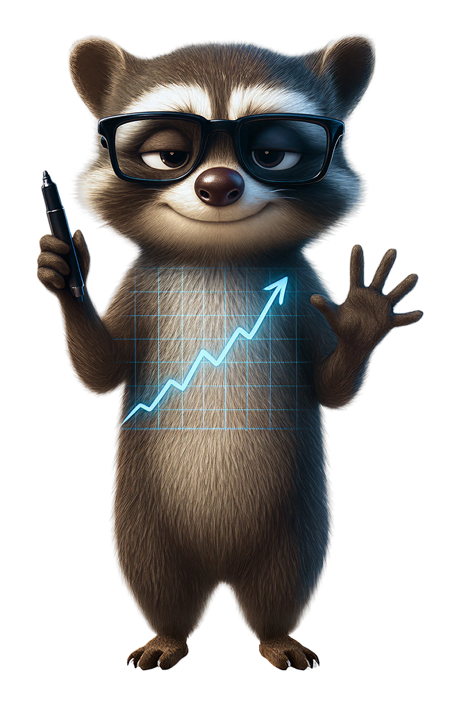 GRO mascot, a raccoon in glasses, tracing a rising financial growth chart